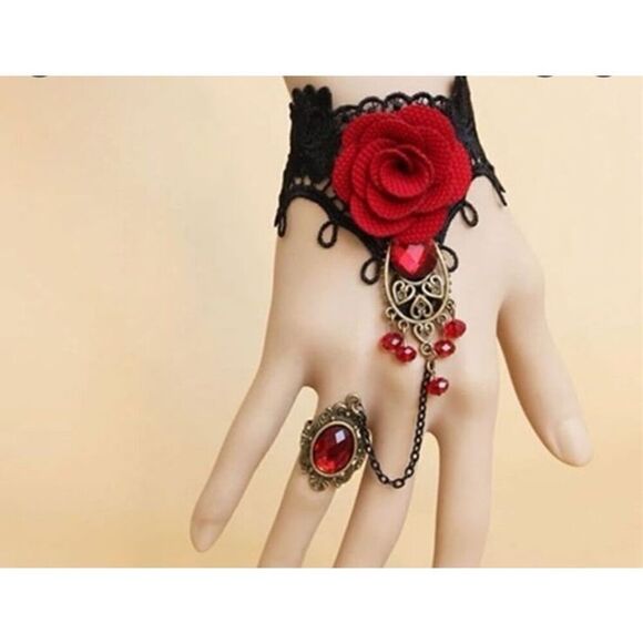 Vampire Red Rose Black Lace Gothic Baddie Wristband Chain with Adjustabl… - Picture 5 of 6